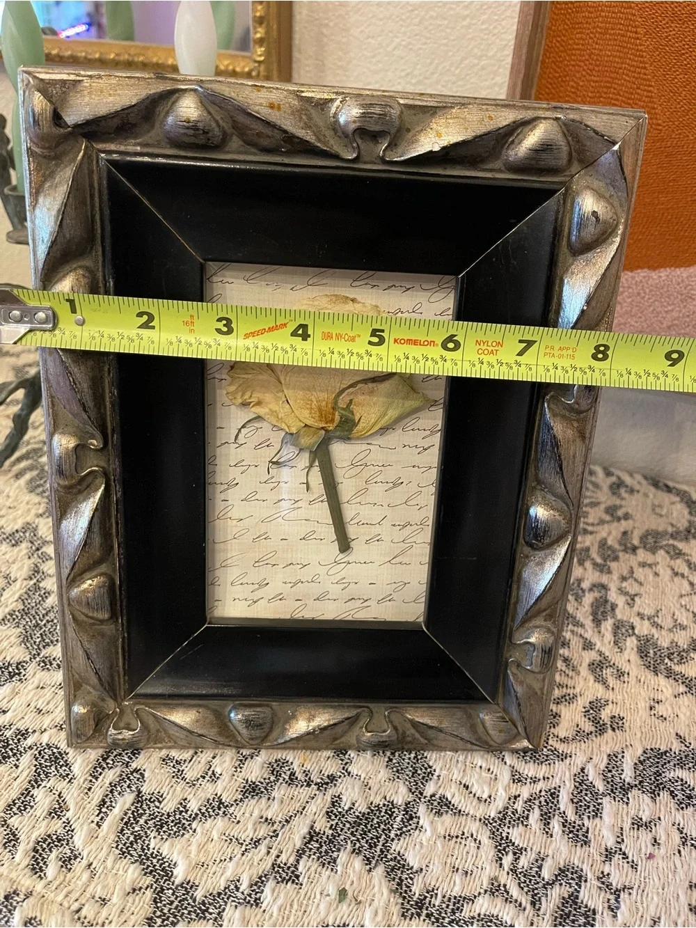 Decorative Black and Silver Photo Frame with Pressed Rose Accent